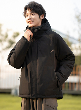 唐狮新款男连帽短款冲锋羽绒服黑色厚外套青少年潮流（防水）TD