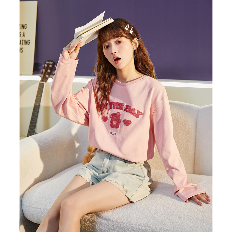 唐狮圆领长袖T恤女新款秋季甜美设计感上衣女纯棉内搭打底潮TE