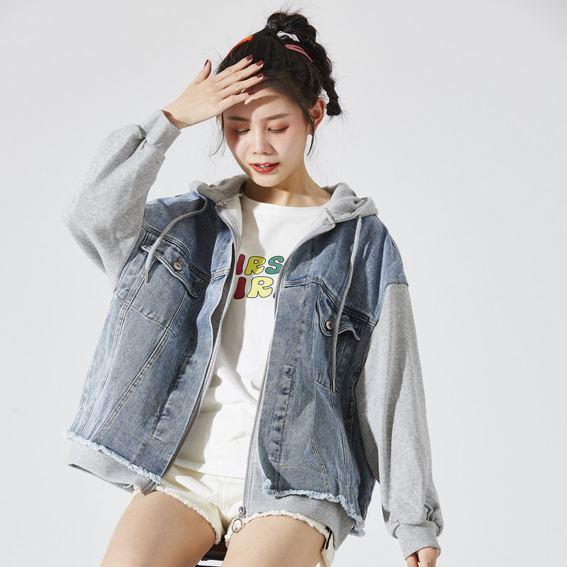 唐狮2022新款春装牛仔外套女短款韩版宽松百搭牛仔衣连帽拼接夹克
