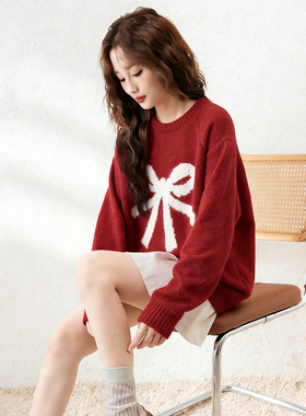 唐狮2026春季女款新年红色针织衫蝴蝶结套头短款毛衫上衣打底衫VB
