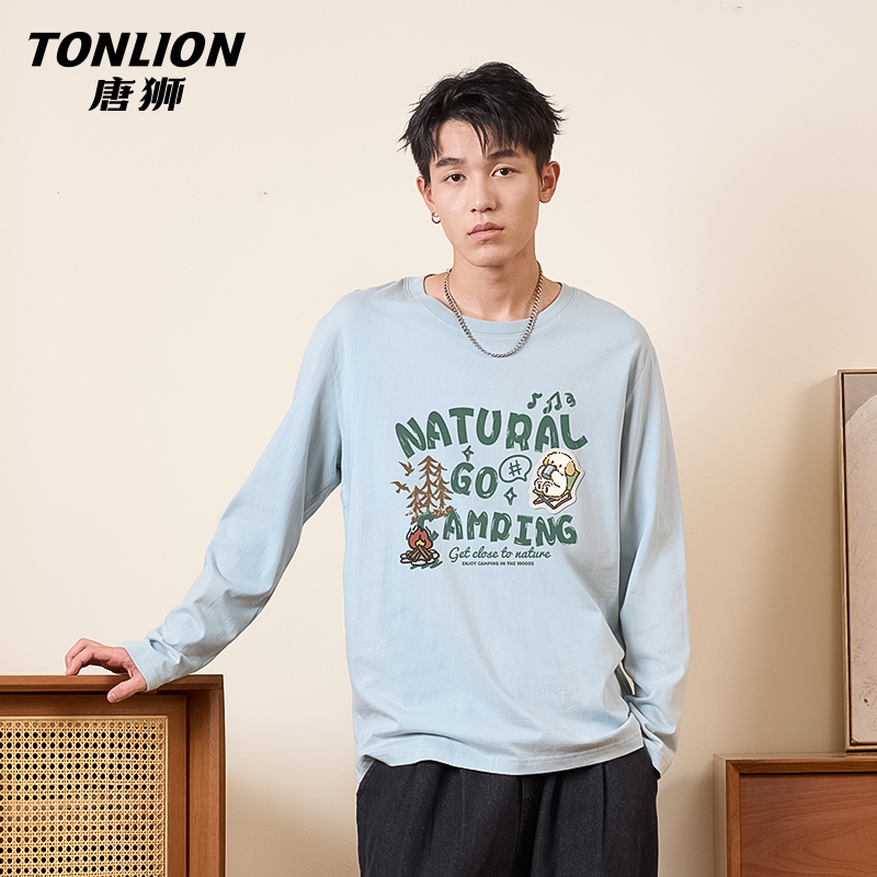 唐狮圆领长袖t恤男春季宽松
