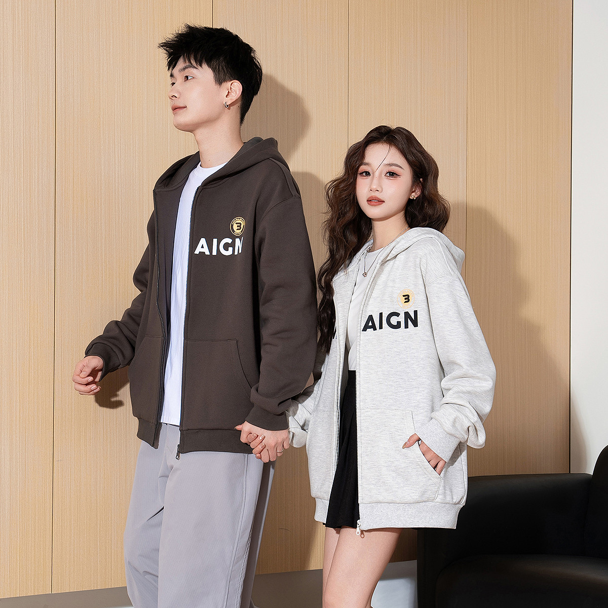 唐狮春装新款情侣装宽松百搭连帽上衣设计感小众早春情侣外套TM