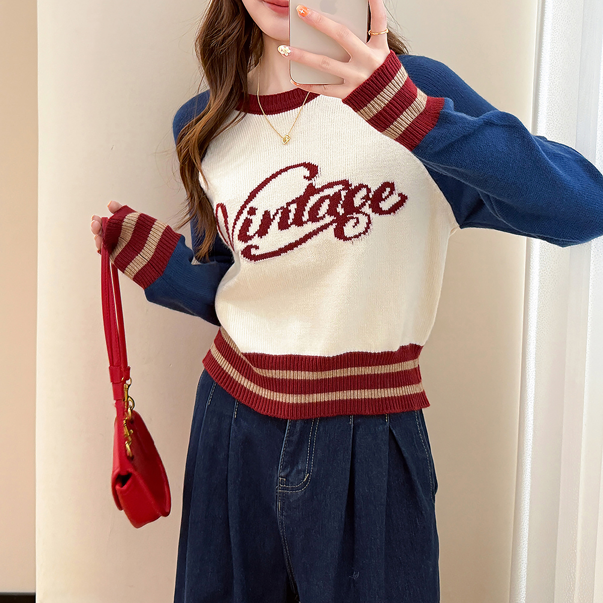 唐狮秋冬美式学院风圆领套头针织