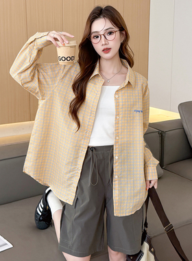 唐狮新款女长袖格子衬衫衬衣外套百搭休闲黄色前胸刺绣上衣blTM