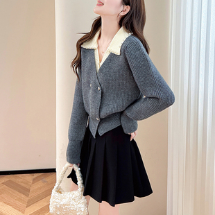 唐狮秋冬翻领假两件设计双排扣开衫女针织外套春秋高级感毛衣tu