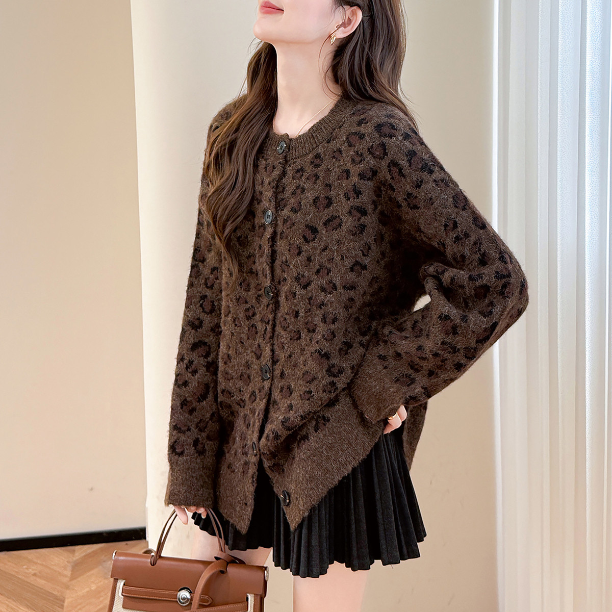 唐狮秋冬季毛衣外套女复古豹纹图案宽松圆领针织开衫高级感TU,女装/女士精品,短外套,淘宝优惠券,粉丝福利购,淘宝优惠卷
