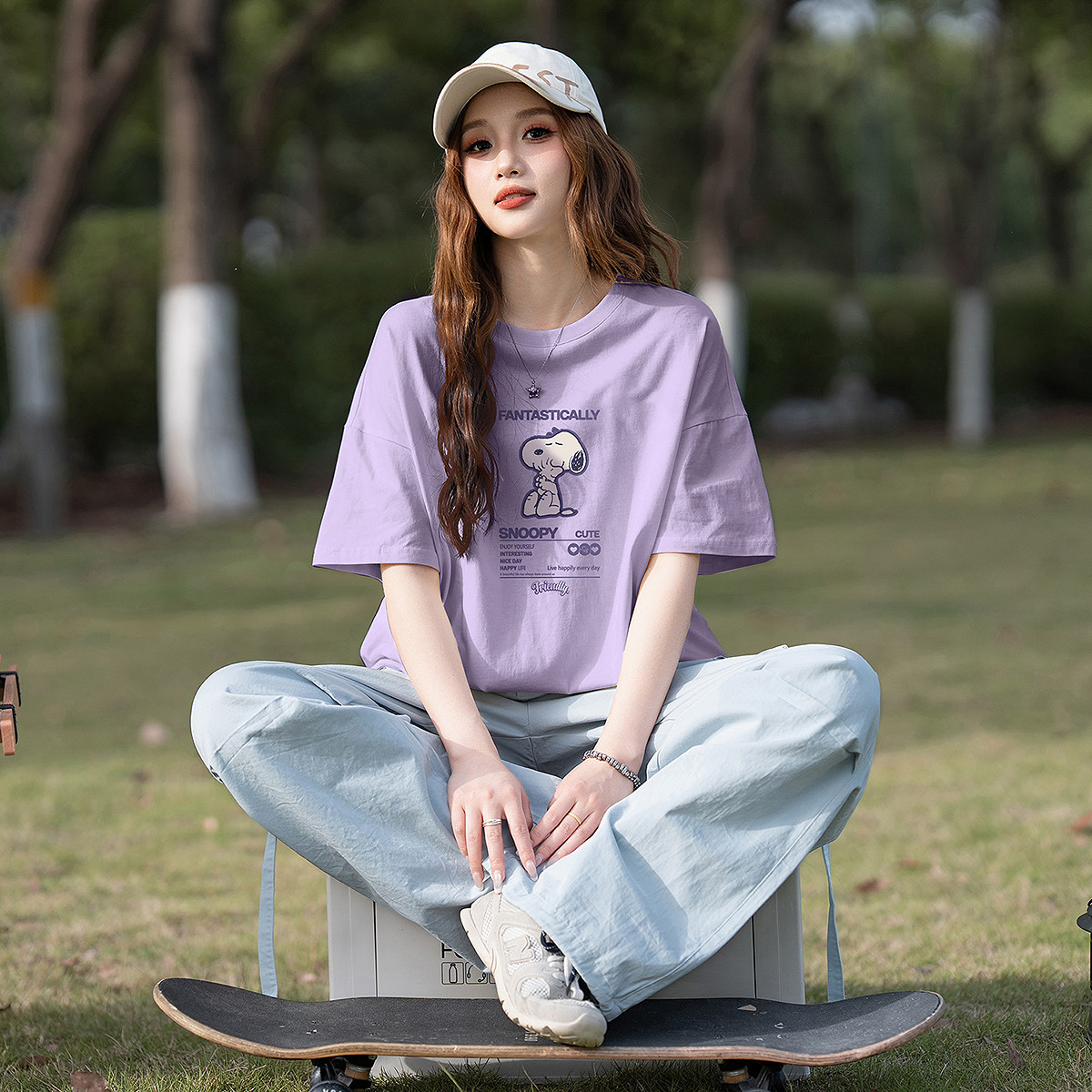 [史努比联名款]唐狮春夏新款女短袖T恤黑色圆领纯棉潮流