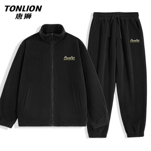 保暖一整套YB 重磅加厚奥粒绒男士 唐狮官方黑色潮流休闲套装 男冬季