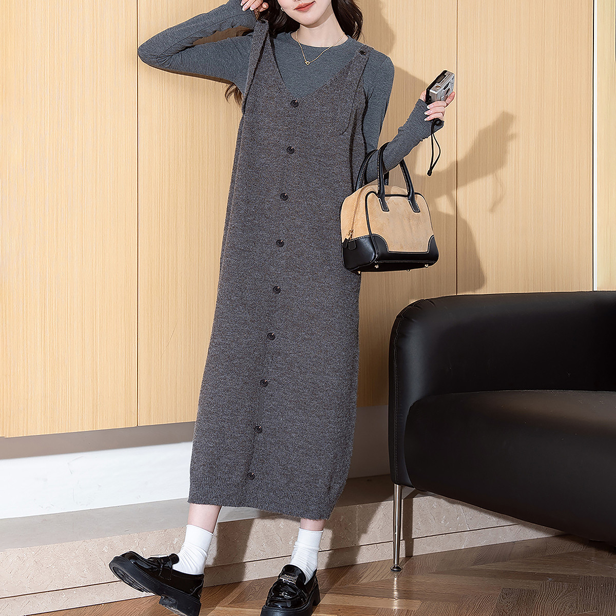 唐狮秋冬新款女连衣裙韩系显瘦叠