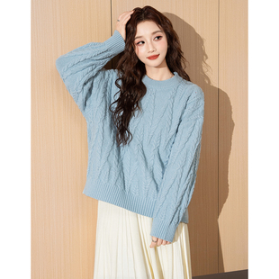 毛线衫 毛衣女圆领绞花套头净色慵懒风日式 春秋TD 新款 唐狮秋季
