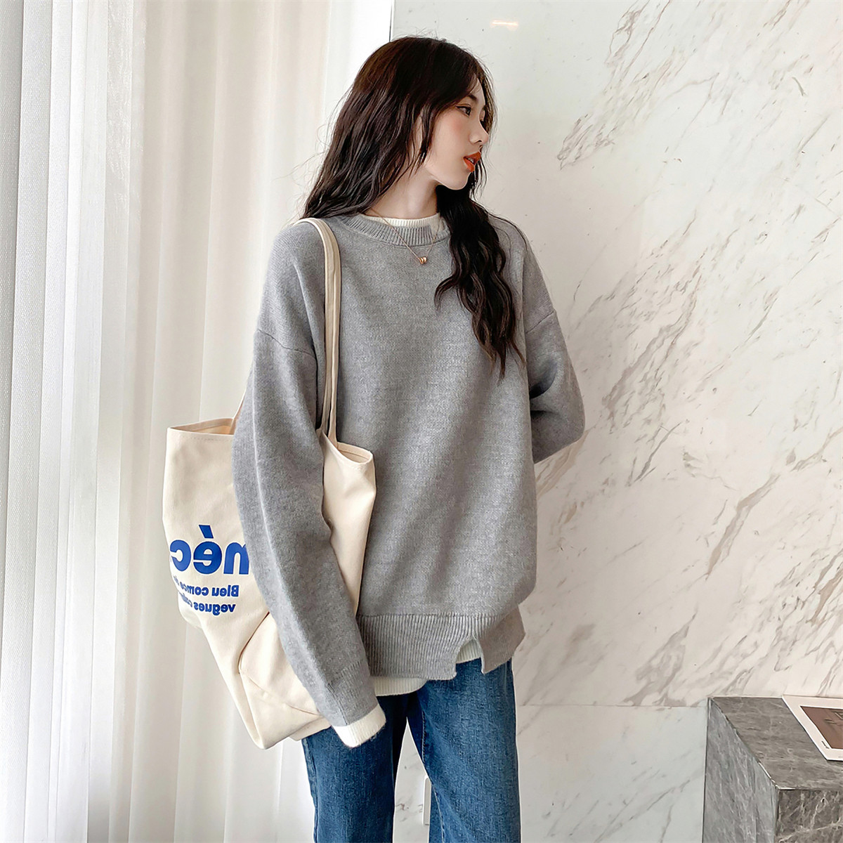 唐狮秋冬新款毛衣女超好看假两件圆领套头毛衣v领蓝色早秋穿搭TD