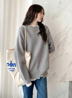 唐狮秋冬新款毛衣女超好看假两件圆领套头毛衣v领蓝色早秋穿搭TD