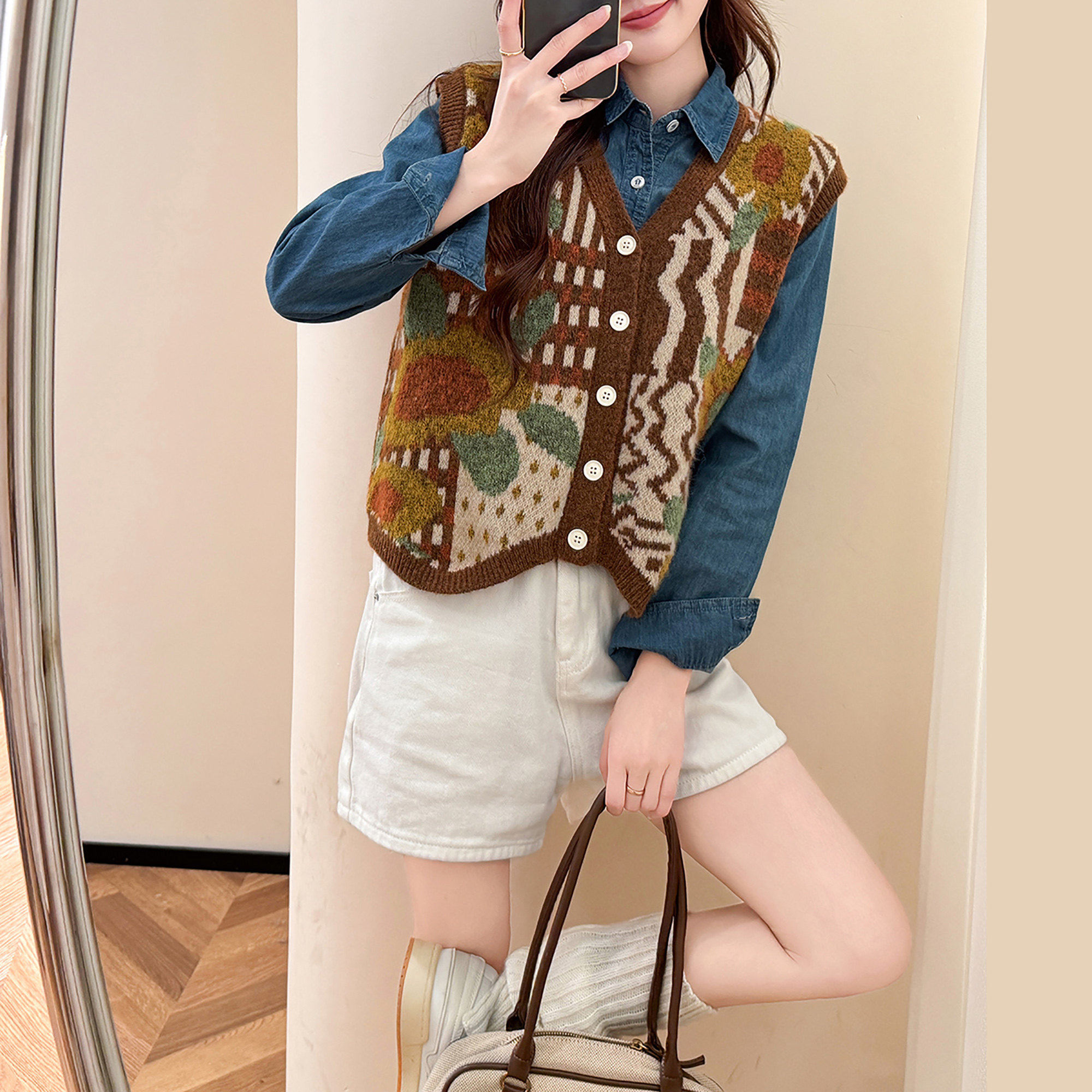 唐狮秋冬季女毛衣复古图案V领开衫马甲背心设计感美拉德毛线衫tu