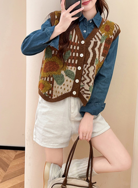 唐狮秋冬季女毛衣复古图案V领开衫马甲背心设计感美拉德毛线衫tu