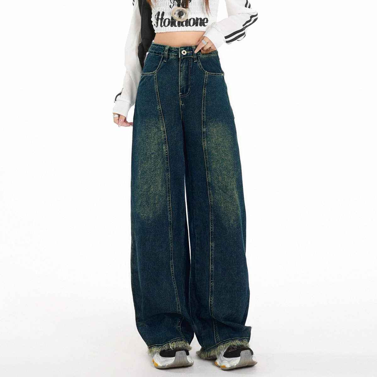 唐狮春秋女裤阔腿毛边牛仔裤设计