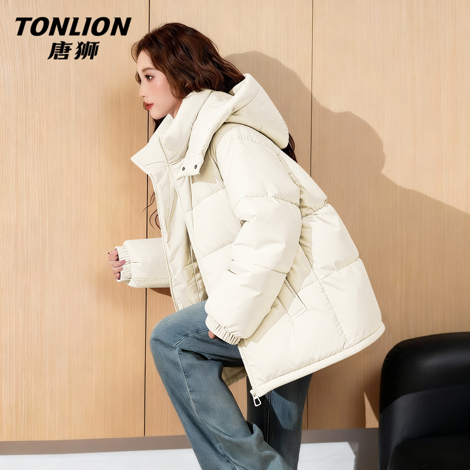 唐狮官方白色棉服女款冬季2025