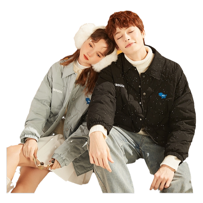 唐狮情侣轻薄衬衫领翻领短款羽绒