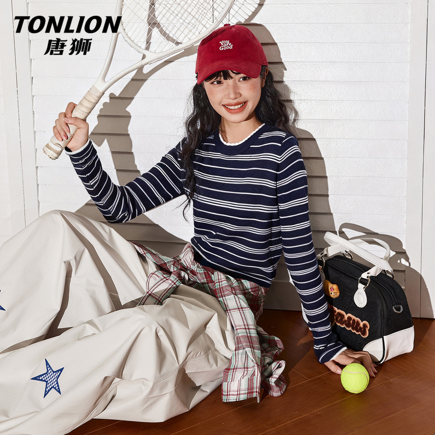 唐狮短款针织衫外套女2026新款春秋款女士设计感条纹内搭毛衣女V