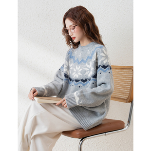 唐狮秋冬女圆领民族风套头毛线衫设计感小众白色费尔岛毛衣TD