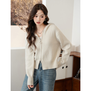 唐狮秋冬毛衣女百搭双头拉链连帽针织开衫春秋外套高级感外衣tu