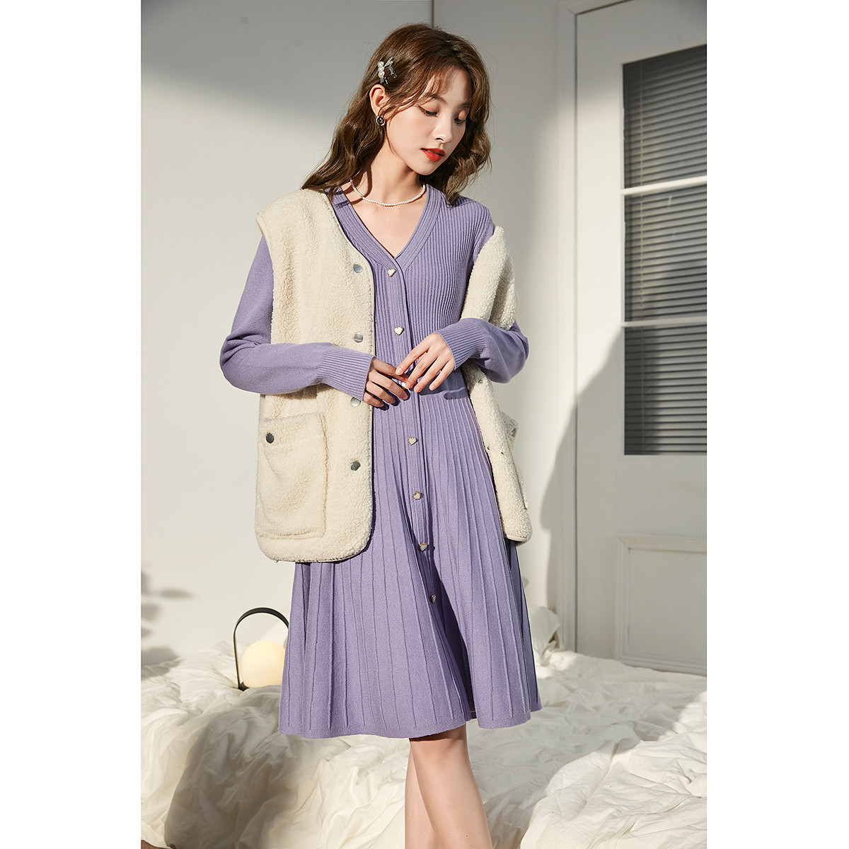 唐狮紫色v领连衣裙秋装长袖针织内搭打底裙毛衣裙秋季裙子长款TM