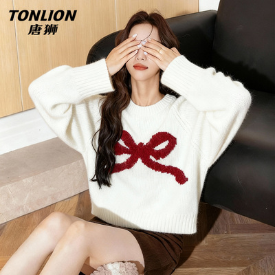 唐狮官方白色蝴蝶结针织衫女2025