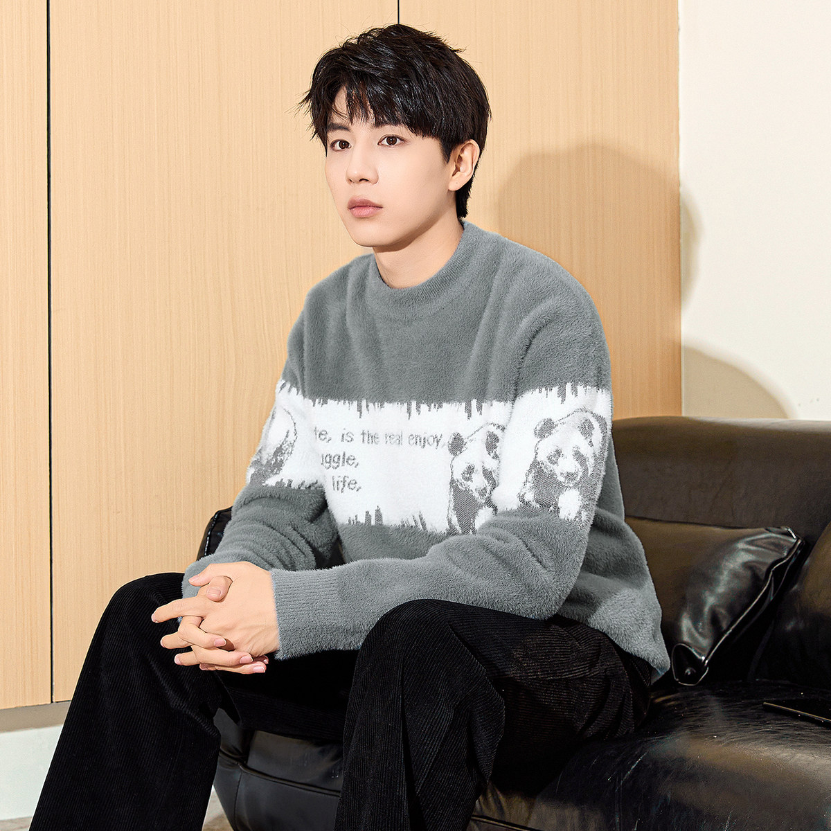 唐狮仿貂绒复古毛衣男士冬季新款加绒加厚拼接毛衫上衣宽松潮