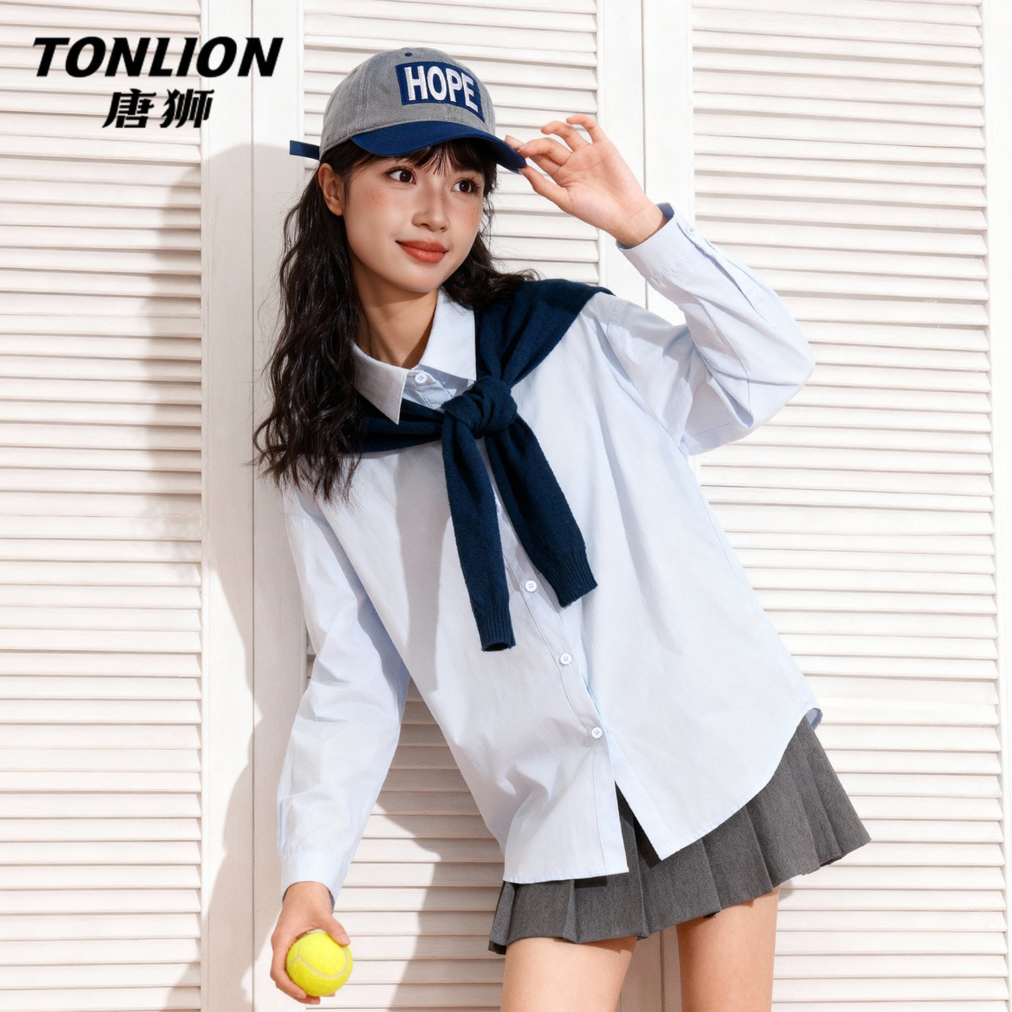 唐狮官方蓝色衬衫女2026新款春秋款女士撞色披肩长袖外套上衣女V