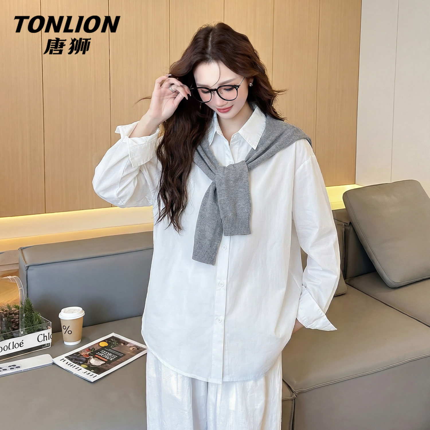 唐狮官方撞色披肩长袖衬衫女2026新款春秋款女士宽松外搭上衣女V