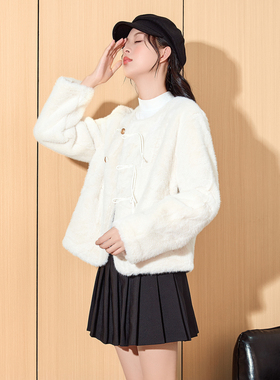 唐狮冬季新款女新中式小香风白色气质韩系圆领仿水貂毛外套女tu