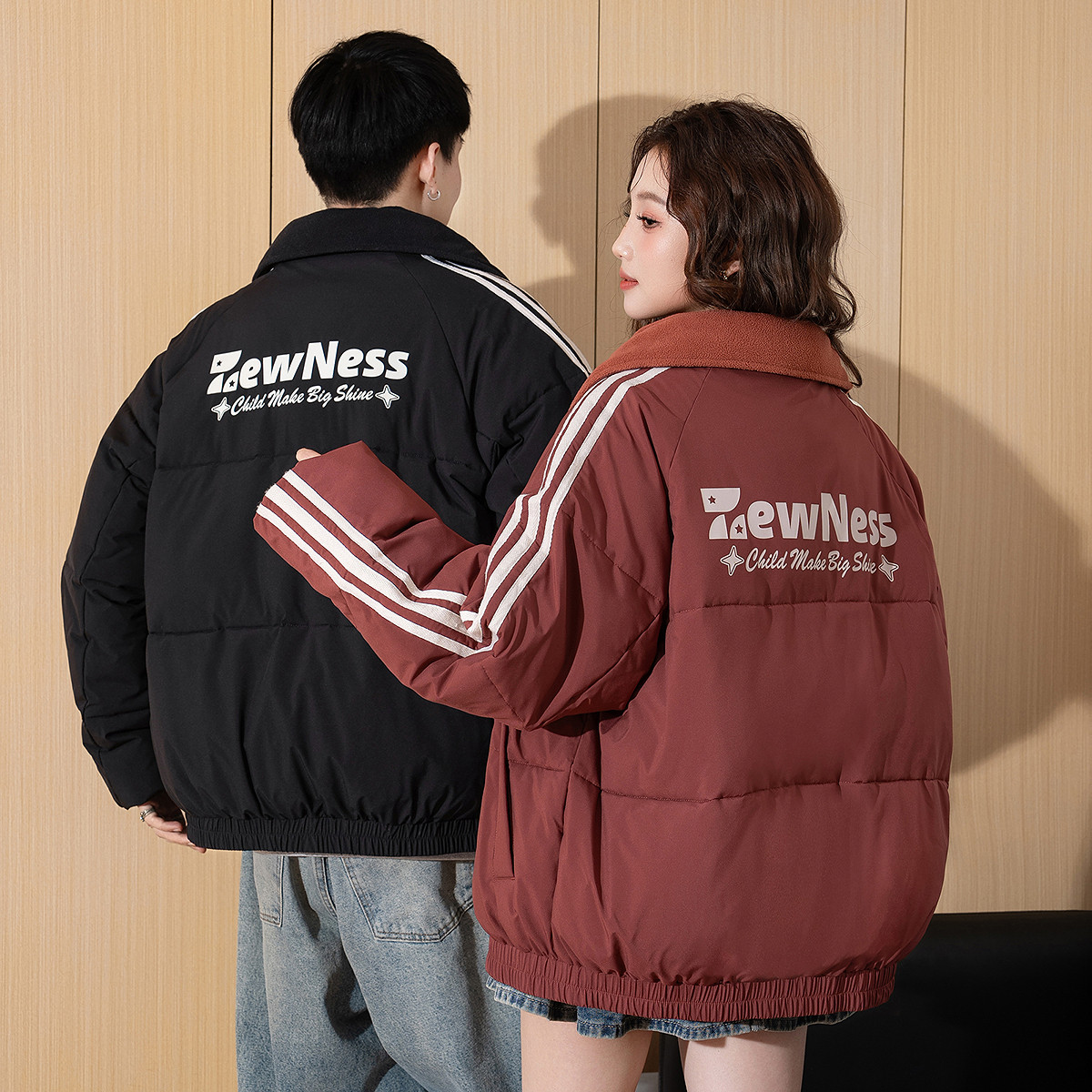 唐狮春季新款情侣棉衣翻领短款流行红色女棉服百搭黑色棉袄TD