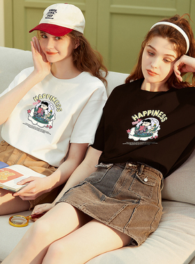 [史努比联名款]唐狮春季新款女短袖T恤宽松圆领绿色超好看1