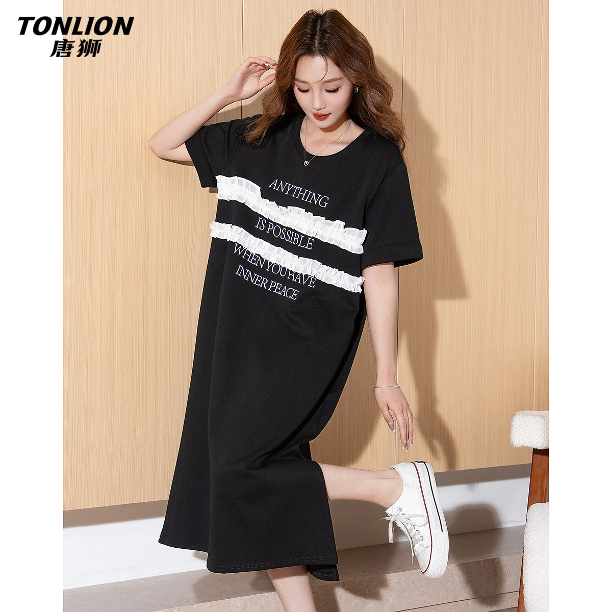 唐狮春夏季新款连衣裙女T恤裙中长宽松设计感少女A字裙女装裙子