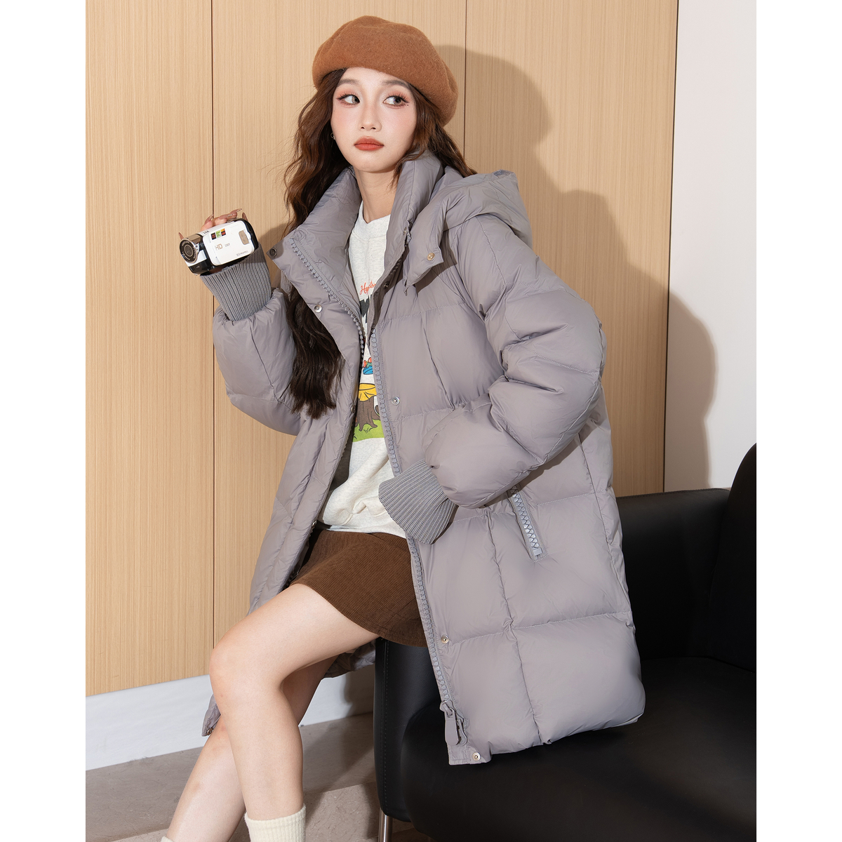 唐狮冬季女中长款气质时尚连帽羽绒服通勤日常百搭保暖潮TM