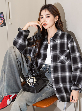 唐狮新款长袖衬衫女黑白格子翻领美式复古上衣宽松外套潮blTM