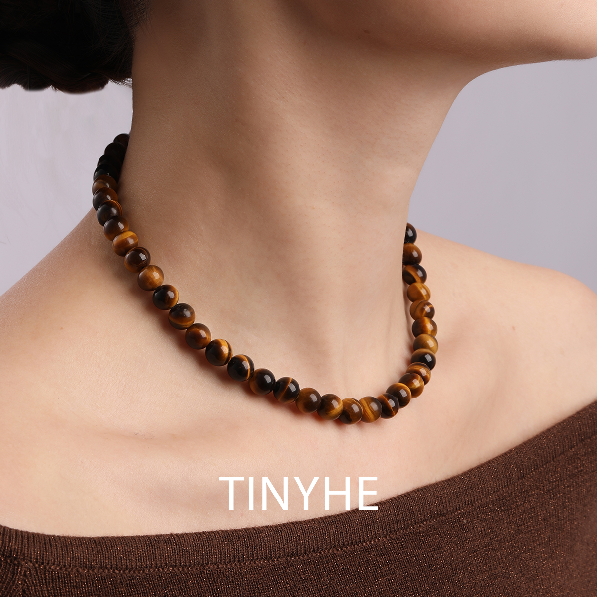 TINYHE米雪天然黄虎眼石纯银项链女秋冬高级感锁骨链水晶串珠颈链