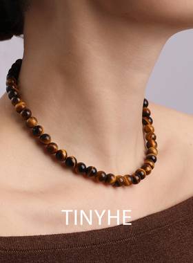 TINYHE米雪天然黄虎眼石纯银项链女秋冬高级感锁骨链水晶串珠颈链
