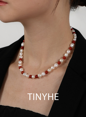 TINYHE米雪 天然淡水珍珠南红玛瑙纯银女项链小众高级感颈链原创
