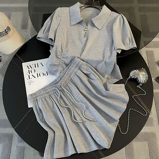 灰色休闲运动短袖套装女夏季时尚网红炸街俏皮活泼阔腿短裤两件套