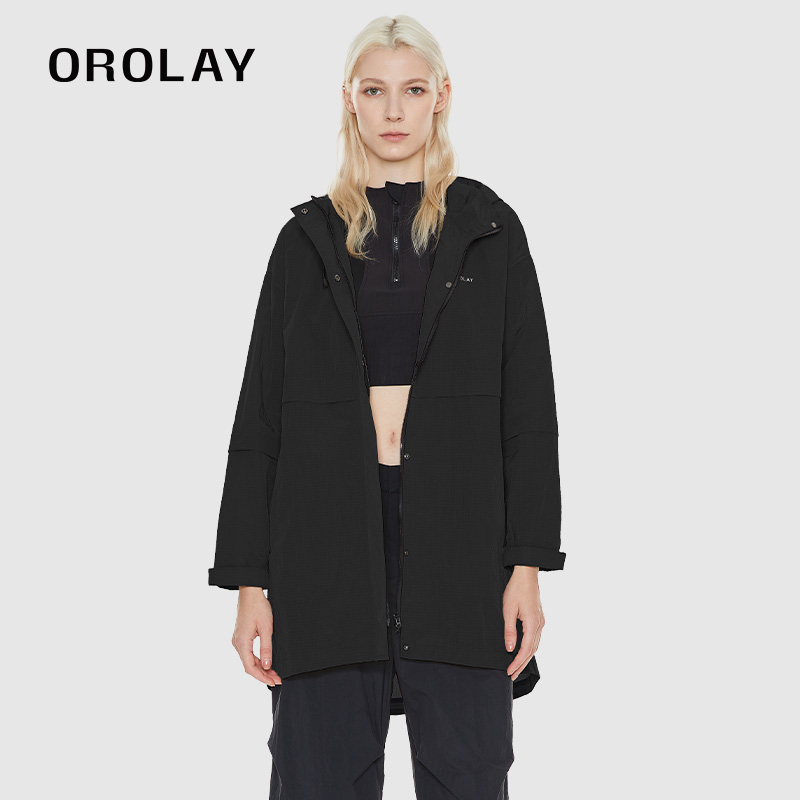 OROLAY长袖连帽中长款风衣外套