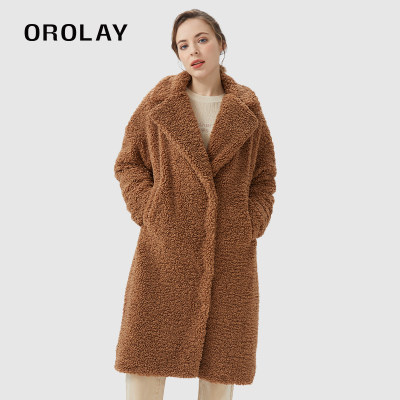 OROLAY中长款翻领羊羔毛羽绒服