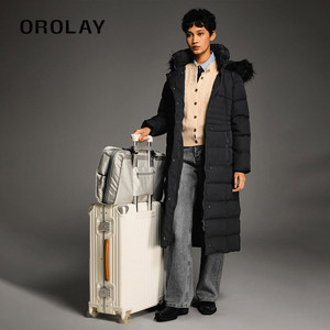 OROLAY长款连帽羽绒服连帽毛领