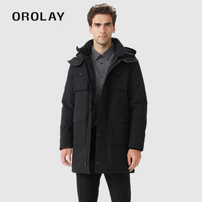 OROLAY中长款潮工装连帽羽绒服