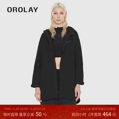 OROLAY长袖连帽中长款风衣外套