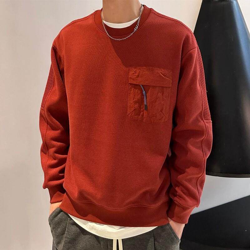 美式覆古枣红色卫衣男士秋冬季加绒无帽长袖内搭衣男潮牌重磅外套
