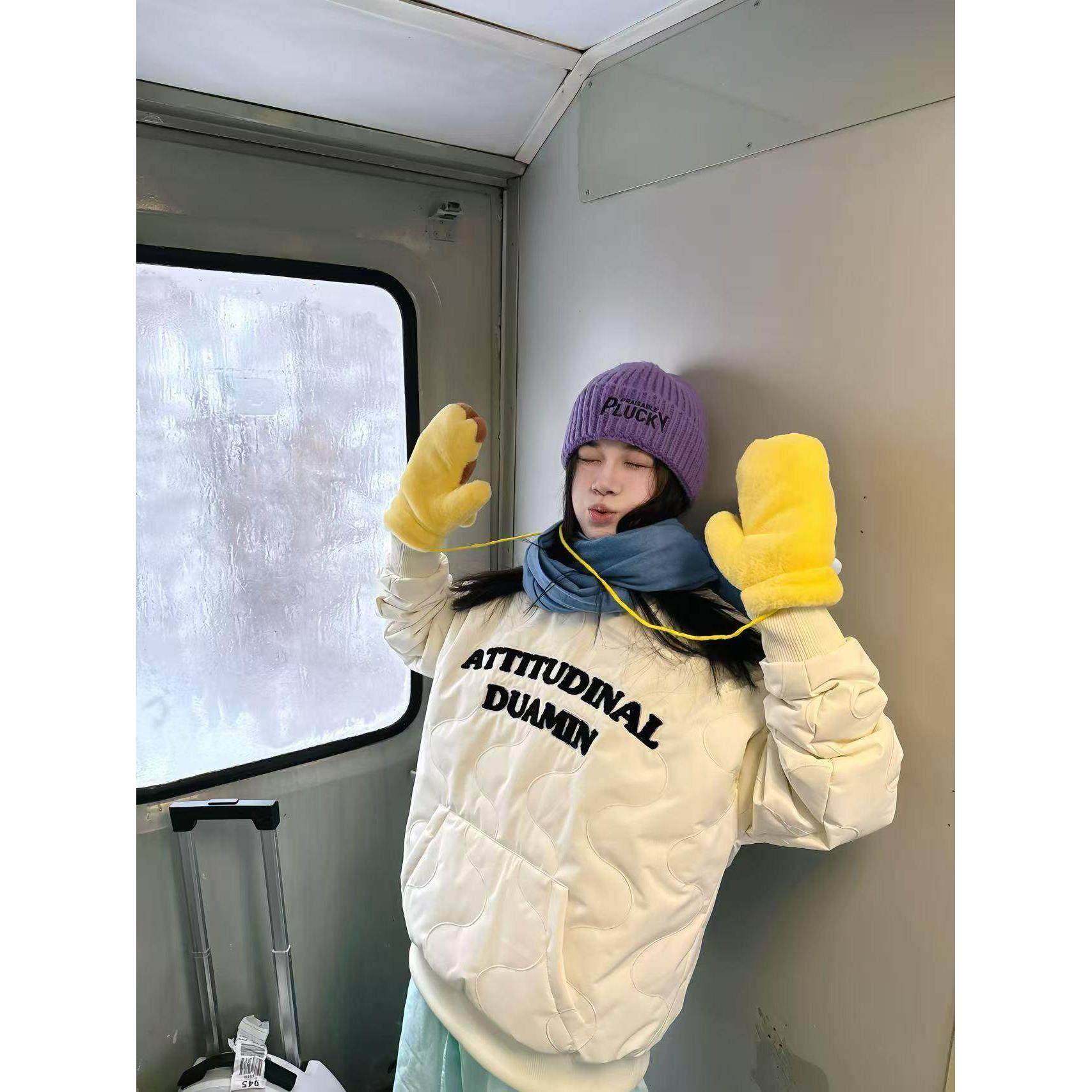 DUAMIN 美式复古字母刺绣菱格连帽卫衣男女秋冬季加厚棉衣外套潮