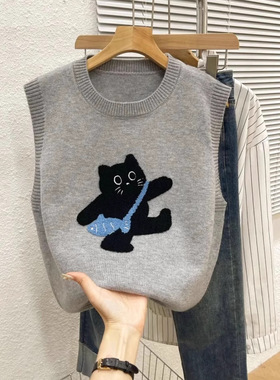 叠穿软糯针织马甲女2025春季小众刺绣猫咪无袖毛衣设计感百搭坎肩