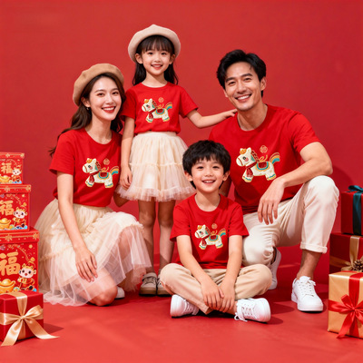 新年短袖纯棉T恤一家三口四口全家福上衣母女母子年服红色打底衫
