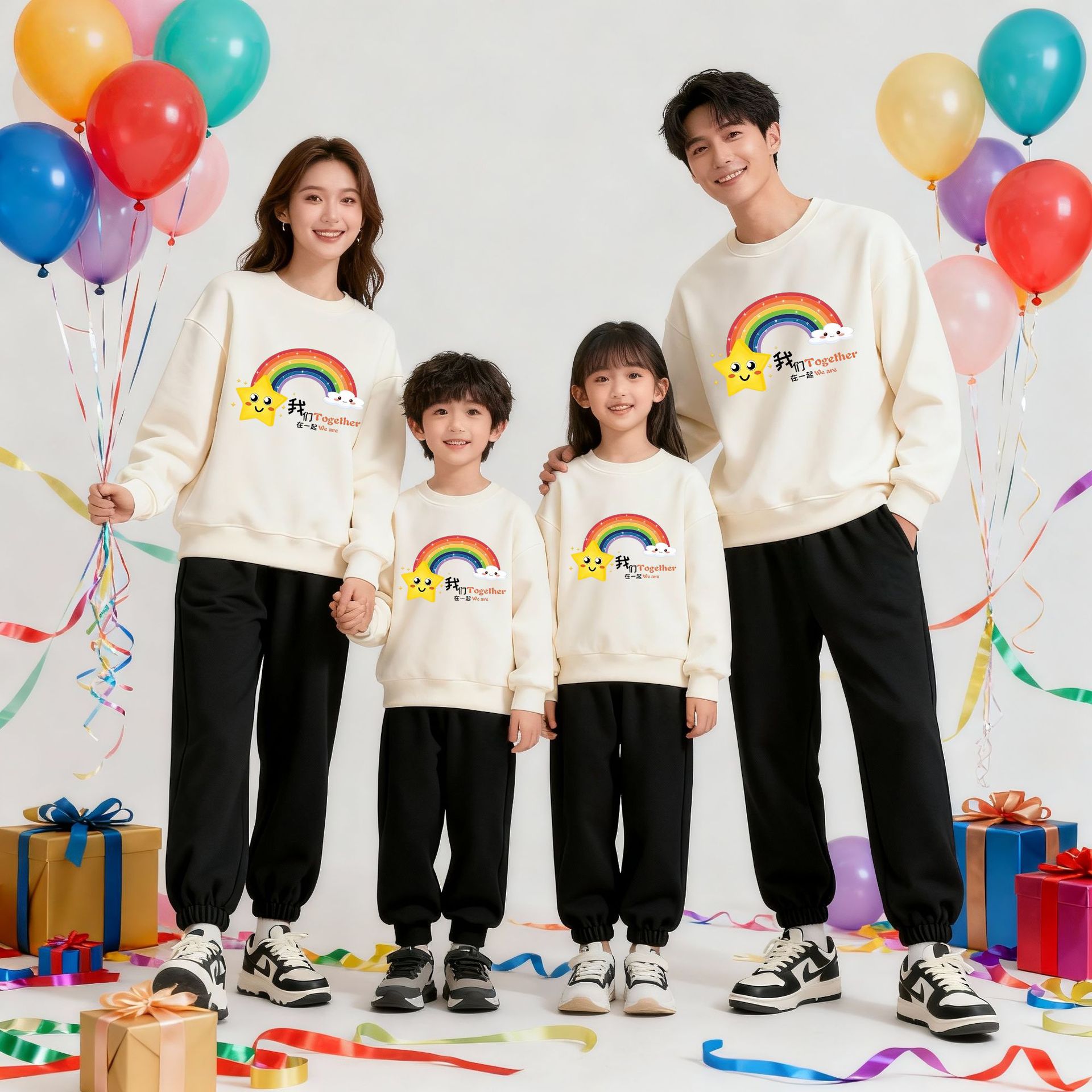 彩虹亲子装秋冬新款一家三四口全家装卫衣加绒保暖活动衣服学生潮