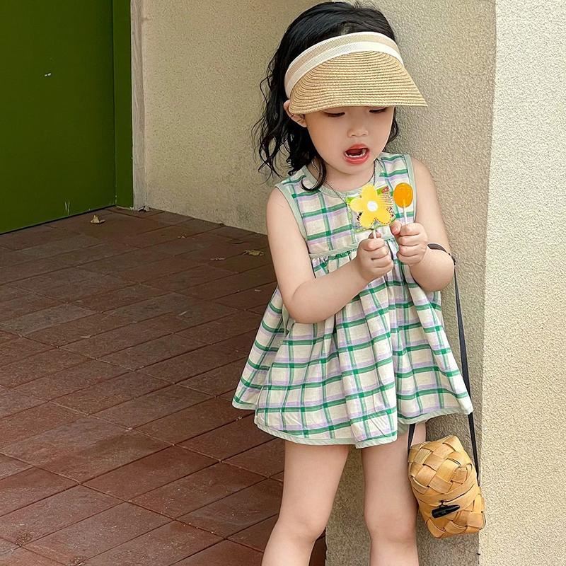 女童韩版2024夏季绿色小清新套装女宝洋气娃娃衫背心裙短裤两件套